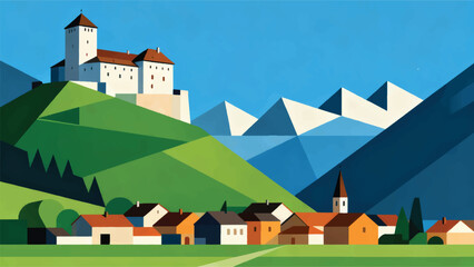 Illustration Of Vaduz Castle On A Green Hill With A Small Village Below And The Alps In The Background Vector Design Template