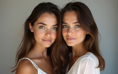 Young european two women posing and looking at camera. High quality