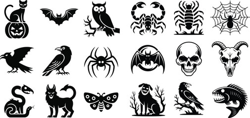 Fototapeta premium Halloween Icons Set Cat Pumpkin Bat Owl Scorpion Spider