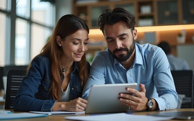What do you think of this design. Shot of a two coworkers looking at a digital tablet in an office. High quality