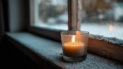 A small lit candle in a frosted glass glows on a snow-dusted windowsill. - Powered by Adobe