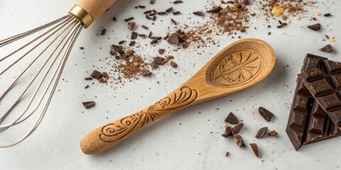 Wooden spoon rolling pin and whisk with floral carvings placed on marble with chocolate and cocoa powder suitable for mexican culinary heritage projects recipe visuals and promotional food designs