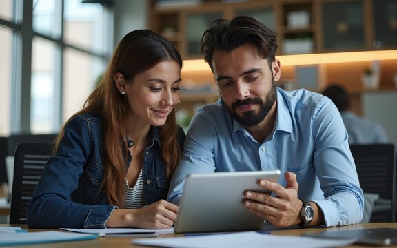 What do you think of this design. Shot of a two coworkers looking at a digital tablet in an office. High quality