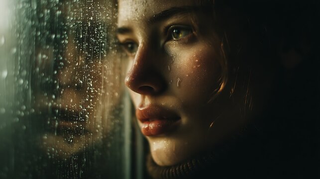 person gazing thoughtfully out of rainy window, soft cinematic light, moody atmosphere, hyper-realistic fine art, gentle reflections, 32K resolution 
