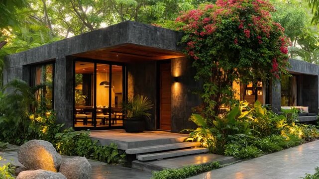 Modern Haven: A modern house seamlessly blends with nature, the stone structure complemented by lush greenery and vibrant flowers, creating a tranquil retreat.