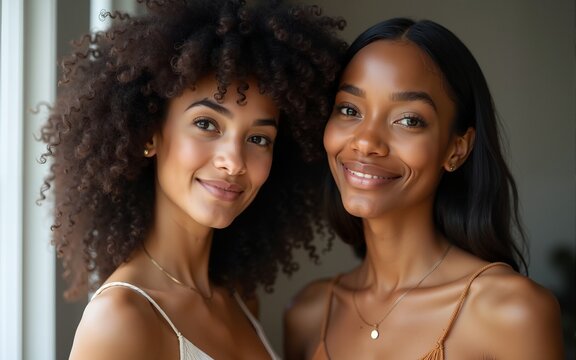 Multiracial puzzled two women thinking and posing on camera. High quality