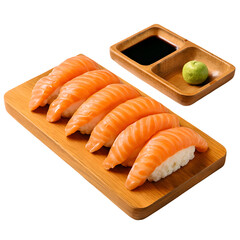 Elegant Presentation of Salmon Sushi with Soy Sauce and Wasabi
