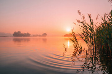 Serene river landscape at sunrise