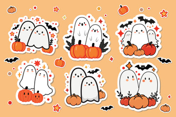 Cute Ghost Characters with Pumpkins and Bats for Halloween Fun
