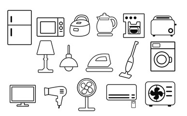 Simple Household Appliance Icons (Line Art Style, Black)