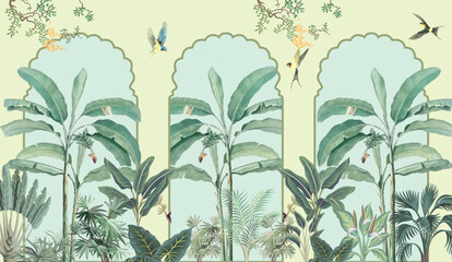 Mughal Garden Wall Mural Illustration, Mughal Arch, Tropical Plant, Tropical Garden Wallpaper, Birds, Watercolor Background. © Sharif