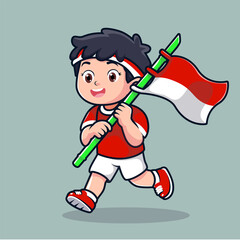 cartoon illustration of a boy in red dress running with flag red and white