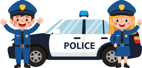 Cartoon police officers standing in front of patrol car, smiling and posing, promoting law enforcement, safety, teamwork, and educational concept © Creative Soul