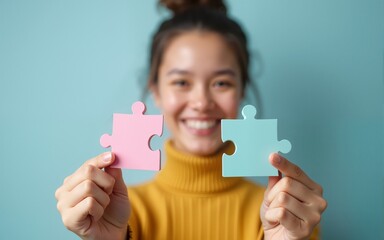 A woman is holding two puzzle pieces in her hands and smiling. High quality