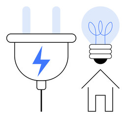 Large plug with lightning bolt, glowing bulb, simple house outline. Ideal for energy, electricity, home utility, renewable power, innovation sustainability modern design. Clean flat metaphor