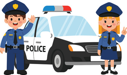Cartoon police officers standing in front of patrol car smiling and waving, promoting law enforcement, safety, teamwork, and educational vector concept