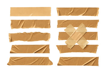 Various adhesive bandages and medical tape strips arranged horizontally, some crossed, showing textured surfaces and edges, isolated on a transparent background