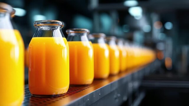 Orange juice bottles lined up on a conveyor belt in a bottling plant.