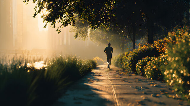 Person jogging on city path back view morning light