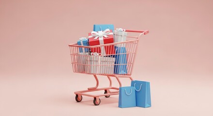 A charming 3D render shows a pink shopping cart full of red, white, and blue gift boxes with ribbons, and blue shopping bags, all presented on a gentle pink background. This modern visual is perfect f