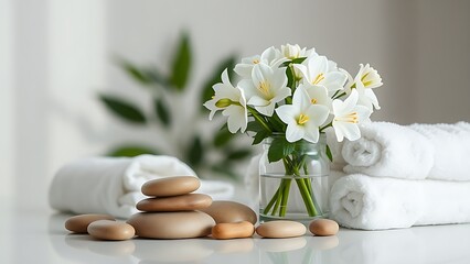 Elegant spa arrangement with white flowers and rolled towels.