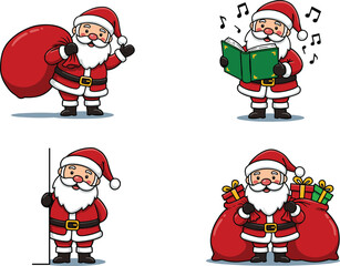 Cartoon Santa Claus in festive poses with gifts, singing, hiding, and smiling, Christmas vector for holiday celebration and seasonal design