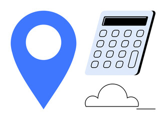 Blue location marker, calculator with buttons, and cloud outline conceptually convey navigation, analytics, and digital storage. Ideal for travel, finance, planning, cloud computing innovation