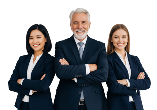 Three confident business professionals standing together, smiling, wearing formal isolated on white or transparent background - Powered by Adobe