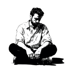 Stylized black and white image of a man sitting cross-legged in a thoughtful pose on blank background, expressing solitude and reflection