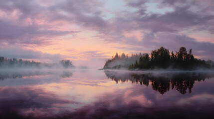 Serene lake at dawn mist rising pastel sky photorealistic --a