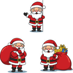 Cartoon Santa Claus peeking, carrying gift sack, and standing with presents, festive Christmas vector for holiday celebration and seasonal design