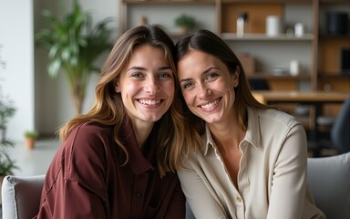 Two women, one leaning and one sitting, smile at the camera in a casual indoor setting, showcasing natural friendship and style. High quality