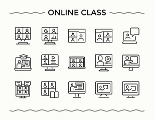 Online Class linear icon collection. Minimalist icons collection. Contain linear sign seminar, learning, study, computer. Vector illustration. Pixel perfect. Tutorial linear icon collection.