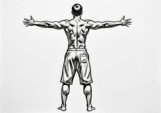 A powerful black and white pencil drawing vividly depicts a strong, muscular male figure from the back, standing with arms horizontally outstretched against a clean white background. The detailed anat
