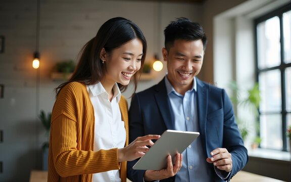 Young cheerful asian woman showing something on digital tablet to her male colleague while standing together in the coworking space or office. High quality