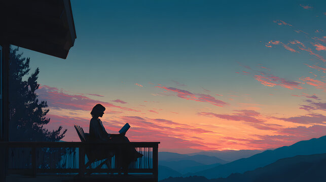 Silhouette of person reading on balcony sunset - Powered by Adobe