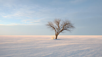 Single bare tree in snowfield soft morning light minimalist
