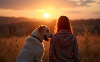 Woman and dog enjoying a cozy sunset. High quality