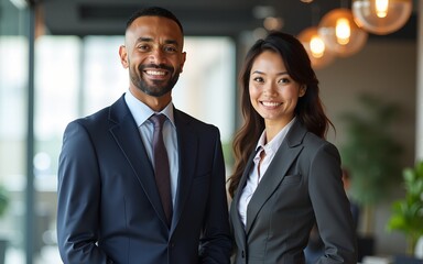 Happy confident professional mature Latin business man and Asian business woman corporate leaders managers standing in office, two diverse colleagues executives team together, vertical portrait.