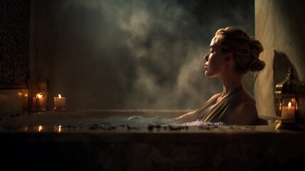 luxury spa photography, woman enjoying aromatic bath in marble bathtub, steam rising, candlelight ambience, cinematic lighting, ultra-realistic texture, high detail fine art, 32K resolution 