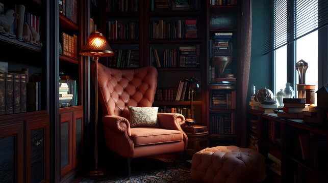 Small home library corner with bookshelves reading lamp cozy