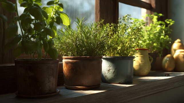 Small pots with fresh herbs on kitchen windowsill bright