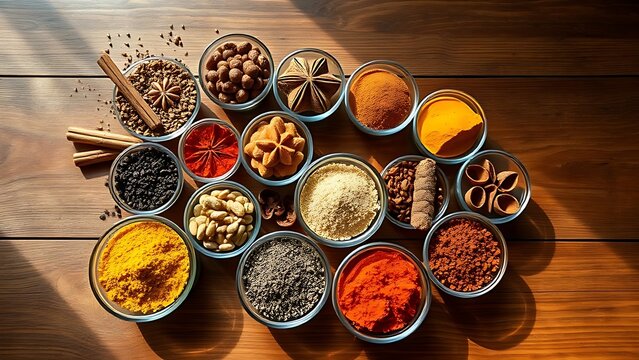 An artistic arrangement of spice cups on a wooden table from an overhead perspective.