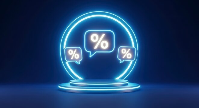 A striking and modern digital representation, this image showcases a circular product stage illuminated by vibrant blue neon light, creating a futuristic ambiance against a deep, contrasting blue back