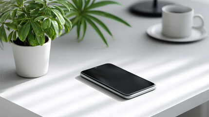 Smartphone on clean white desk minimal design soft natural