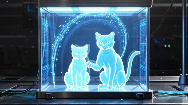 Two translucent cats rest inside a glowing glass cube, surrounded by flowing quantum energy streams and data