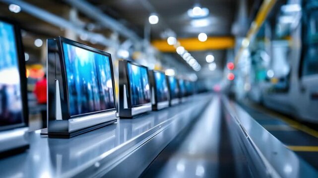 Row of flat-screen monitors on an automated assembly line in a factory.