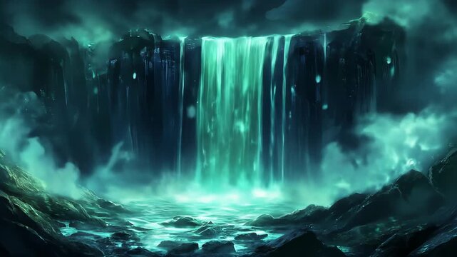 Fantasy waterfall landscape in a dark cavern with glowing light