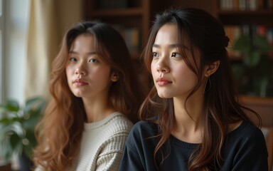 Portrait of two thoughtful young women looking away. High quality