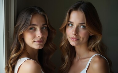 Portrait of two thoughtful young women looking away. High quality